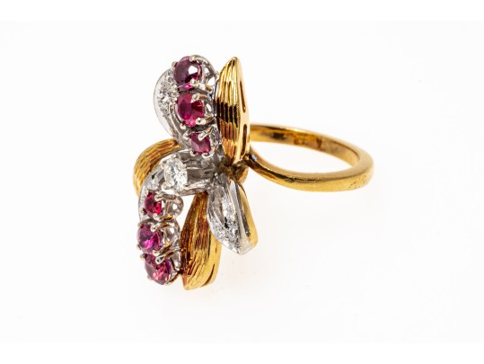 18K Dramatic Ruby And Diamond Set Flared Ring, Size 6.25+