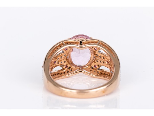 14k Rose Gold Gorgeous Pink Kunzite, Grape Garnet And Diamond Ring, Size 7, New