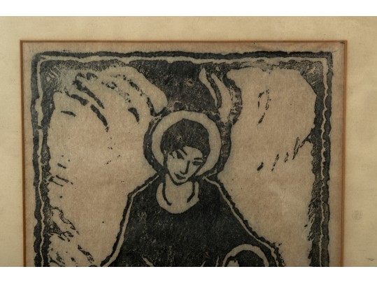 1929 Antique Madonna Woodcut -- Signed