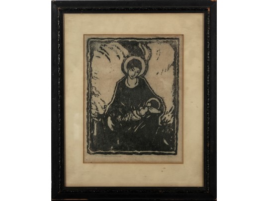 1929 Antique Madonna Woodcut -- Signed