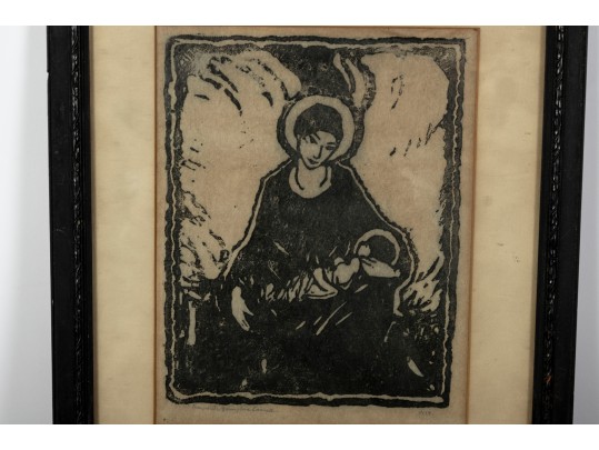 1929 Antique Madonna Woodcut -- Signed