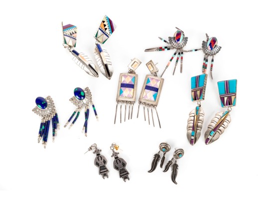 Collection Of Sterling Silver Native Tribal Earrings 