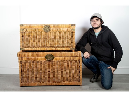 Vintage 1970's Rattan & Brass Chinoiserie Trunks 