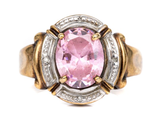 10k Yellow Gold Chunky Oval Pink Princess Cut Cz Ring, Size 9, With Diamond Accents