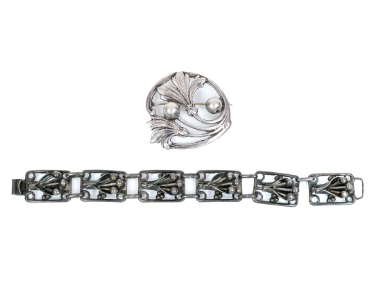 Sterling Silver, Copper, Arts And Crafts Styled Bracelet And Brooch