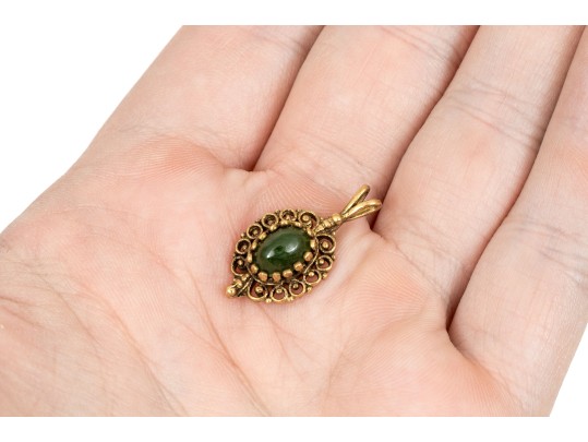 14k Yellow Gold Ornate Oval Green Nephrite Jade Florentined Framed Pendant