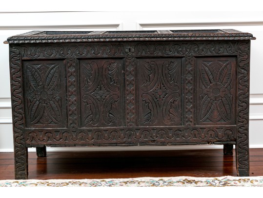 Antique 18th C. English Carved Oak Coffer