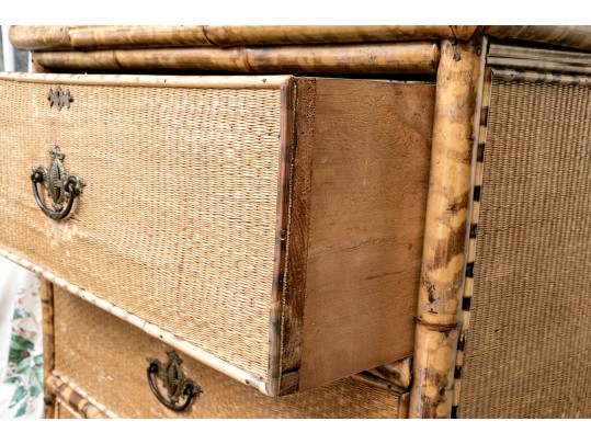 19th C. Bamboo And Woven Rattan Chest With Mirrored Vanity