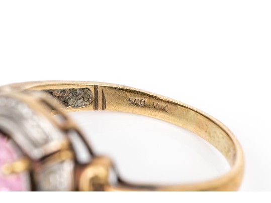 10k Yellow Gold Chunky Oval Pink Princess Cut Cz Ring, Size 9, With Diamond Accents