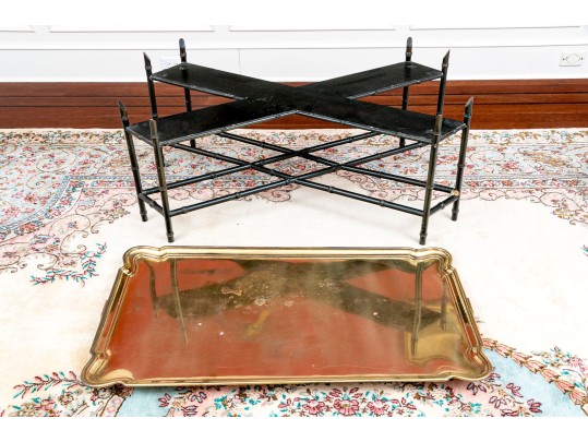 Carved Faux Bamboo And Brass Top Chinoisserie Cocktail Table