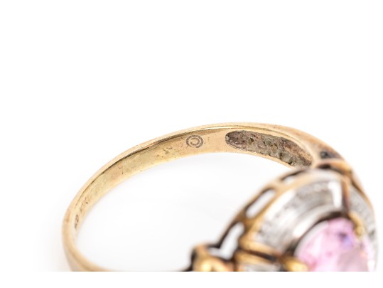 10k Yellow Gold Chunky Oval Pink Princess Cut Cz Ring, Size 9, With Diamond Accents