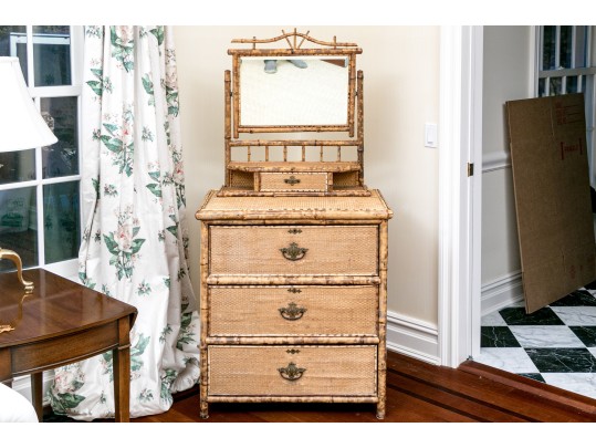 19th C. Bamboo And Woven Rattan Chest With Mirrored Vanity