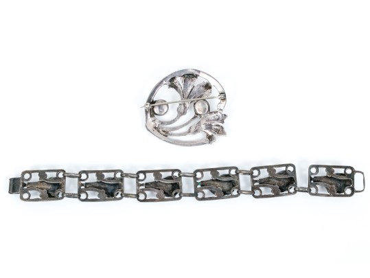 Sterling Silver, Copper, Arts And Crafts Styled Bracelet And Brooch