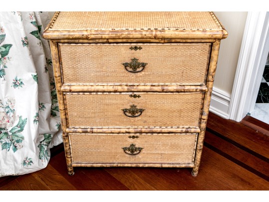 19th C. Bamboo And Woven Rattan Chest With Mirrored Vanity