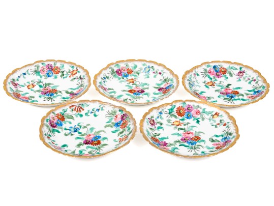 Set Of Five Gorgeous M.R. Marked Polychrome Painted Shallow Bowls