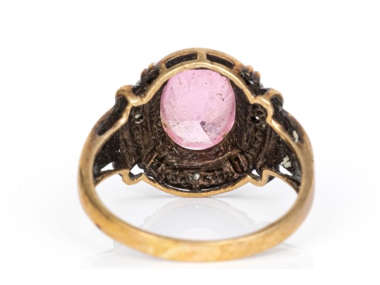 10k Yellow Gold Chunky Oval Pink Princess Cut Cz Ring, Size 9, With Diamond Accents