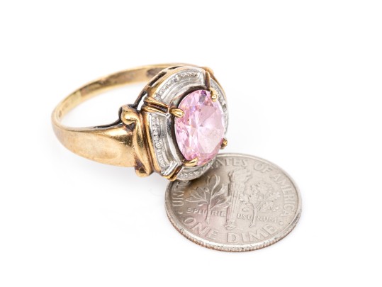 10k Yellow Gold Chunky Oval Pink Princess Cut Cz Ring, Size 9, With Diamond Accents