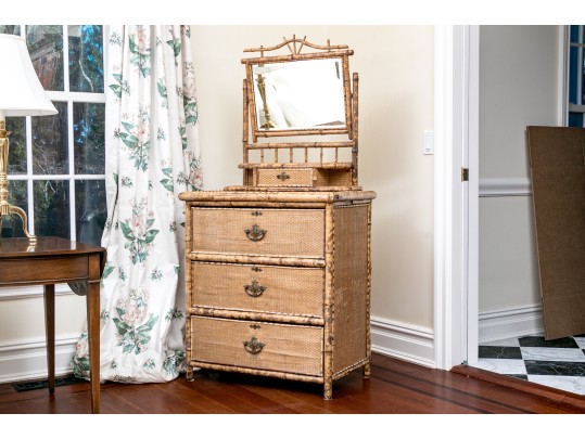 19th C. Bamboo And Woven Rattan Chest With Mirrored Vanity