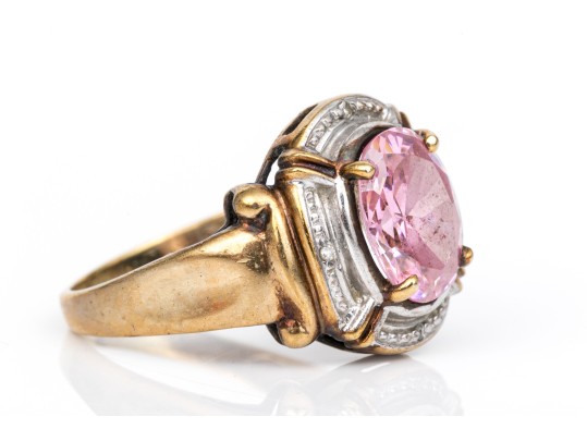 10k Yellow Gold Chunky Oval Pink Princess Cut Cz Ring, Size 9, With Diamond Accents