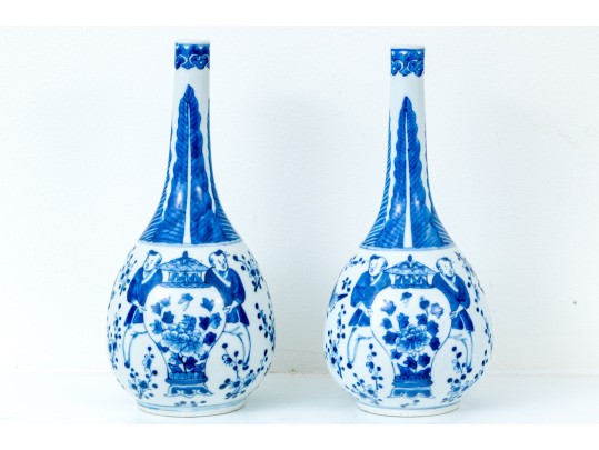 Pair Of Chinese Blue And White Porcelain Bottle Vases
