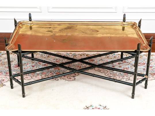 Carved Faux Bamboo And Brass Top Chinoisserie Cocktail Table
