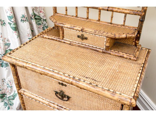 19th C. Bamboo And Woven Rattan Chest With Mirrored Vanity