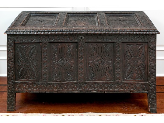 Antique 18th C. English Carved Oak Coffer