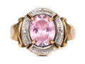 10k Yellow Gold Chunky Oval Pink Princess Cut Cz Ring, Size 9, With Diamond Accents