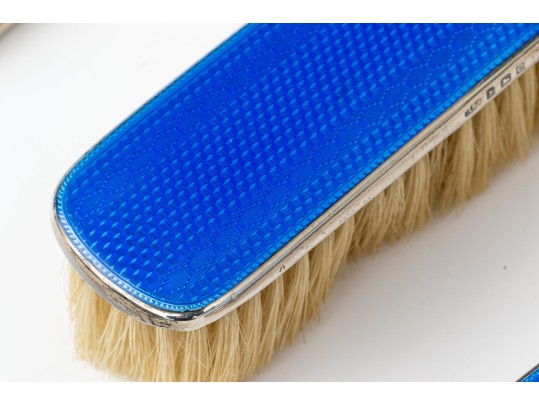 Exquisite Vintage Three- Piece Blue Guilloche Sterling Silver Mounted Dresser Set