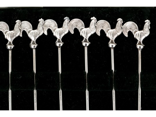 Set Of Six Sterling Silver Cockerel Cocktail Sticks, .835 Ozt.