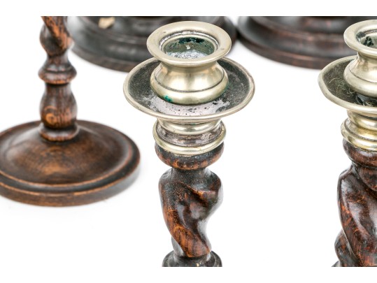 Collection Of 10 Antique Barley Twist Wood Candlesticks