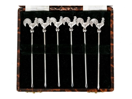 Set Of Six Sterling Silver Cockerel Cocktail Sticks, .835 Ozt.