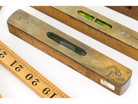 Group Of Six Vintage Drafting Implements With Levels And Rulers