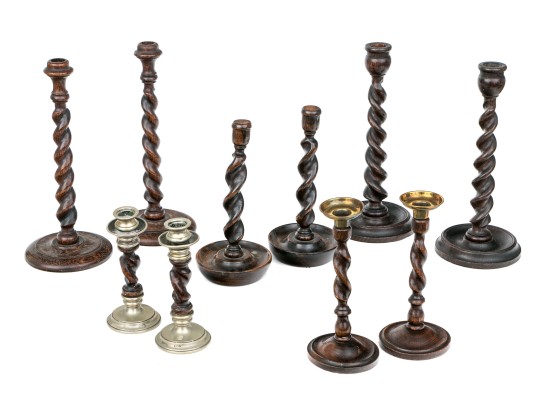 Collection Of 10 Antique Barley Twist Wood Candlesticks