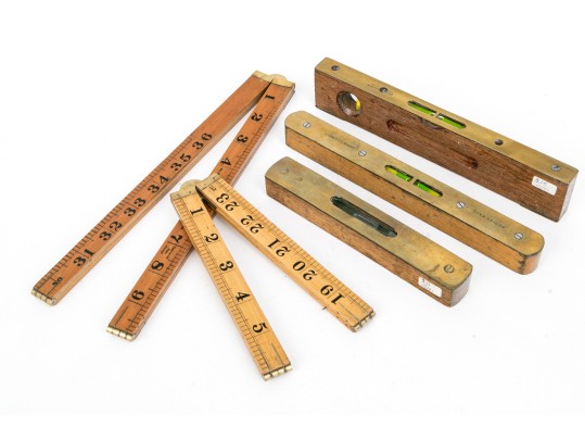 Group Of Six Vintage Drafting Implements With Levels And Rulers