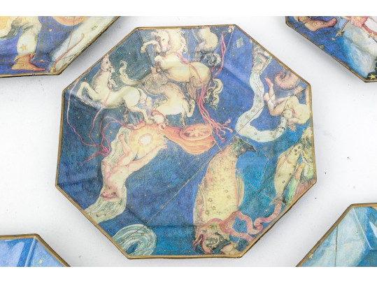 Vintage Set Of Twelve Decoupage Astrological Octagonal Plates