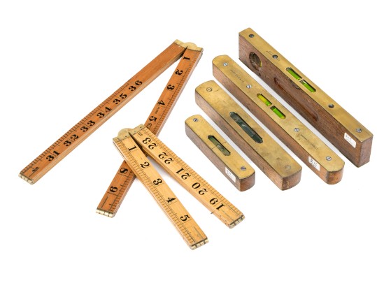 Group Of Six Vintage Drafting Implements With Levels And Rulers