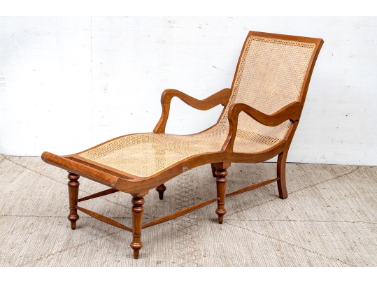 Stylish Vintage Wood And Cane Chaise Lounge