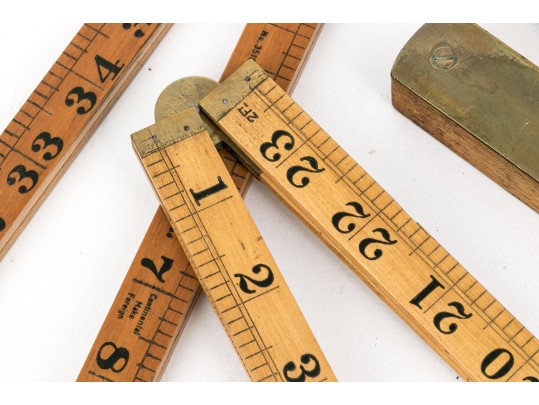 Group Of Six Vintage Drafting Implements With Levels And Rulers