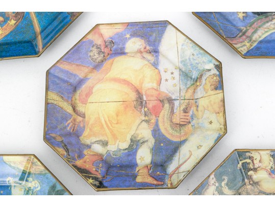 Vintage Set Of Twelve Decoupage Astrological Octagonal Plates