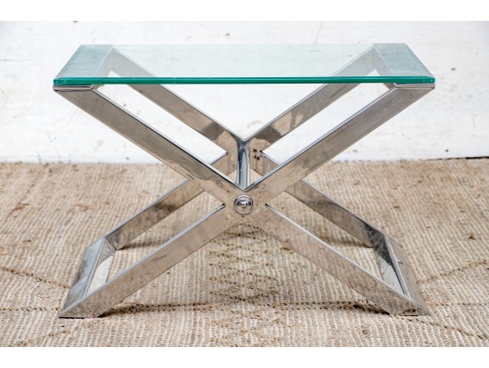 Sleek Chrome And Glass Top 'X' Form Side Table