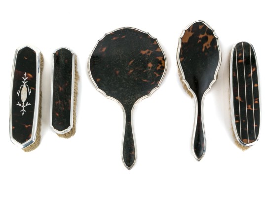 Fine Vintage Assembled Dresser Set With Sterling Silver Mounts 