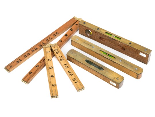 Group Of Six Vintage Drafting Implements With Levels And Rulers