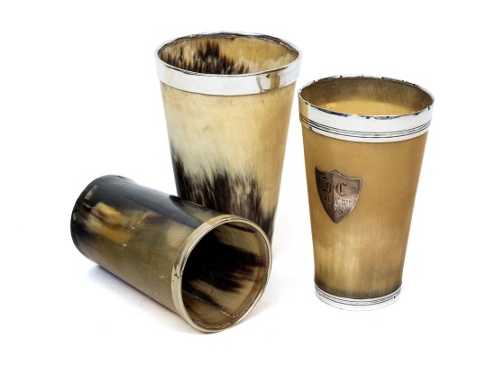 Group Of Three Vintage / Antique Silver Mounted Horn Cups 