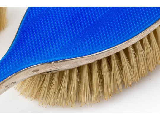 Exquisite Vintage Three- Piece Blue Guilloche Sterling Silver Mounted Dresser Set