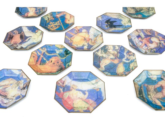 Vintage Set Of Twelve Decoupage Astrological Octagonal Plates
