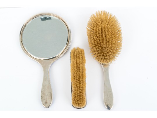 Exquisite Vintage Three- Piece Blue Guilloche Sterling Silver Mounted Dresser Set