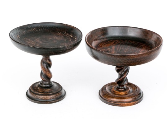 Two Antique, Associated Oak Carved Barley Twist Compote Bowls