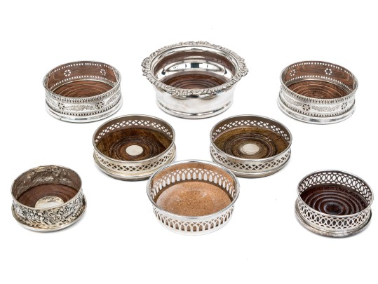 Collection Of Eight Fine Silverplate Wine Bottle Coasters