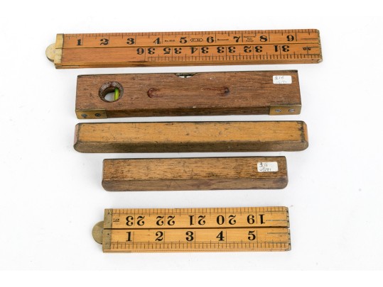 Group Of Six Vintage Drafting Implements With Levels And Rulers